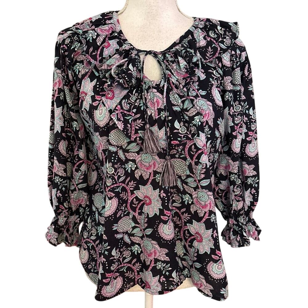 Mille Anthropologie Size XS Floral Print Blouse Top Ruffles Boho Tassel Ties